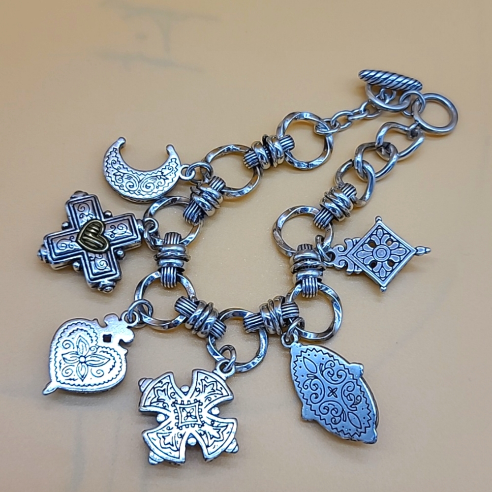 $110 Brighton "CHERISH" Multi Two-Tone Cross, Moon, & Heart Charm Bracelet RARE - Picture 8 of 11